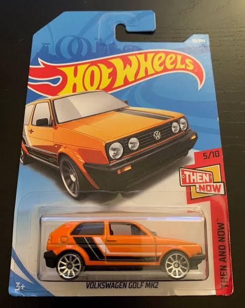 Hot Wheels Volkswagen Golf MK2-ORANGE with Black Stripes-Then and Now-Long Card-Hard to Find Collector Miniature Model 1/64 - 1:64 Diecast Car