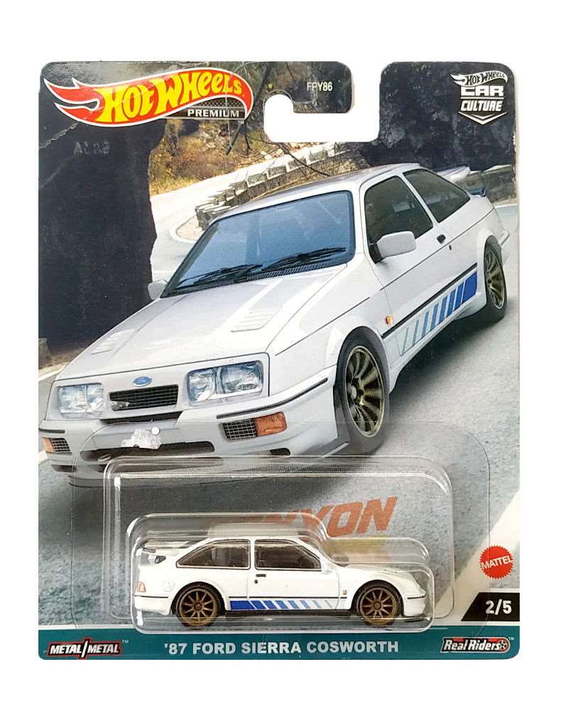 Hot wheels-EXCLUSIVES Hot Wheels Premium Canyon Warriors '87 Ford Sierra Cosworth - White - 2022 Card - Indian Diecast Hub