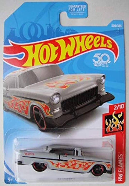 Hot Wheels Mattel HW Flames 2/10, Lt. Grey '55 Chevy 50TH Anniversary Card - 1:64 Diecast Car