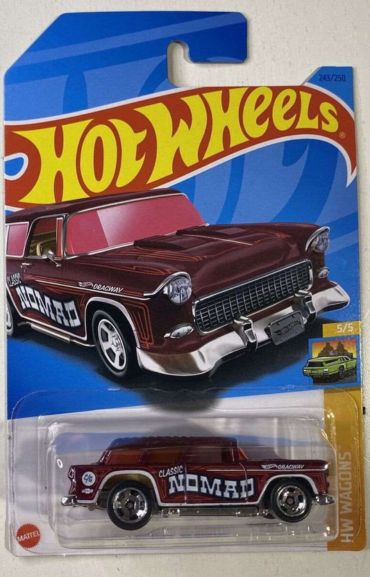 Hot wheels-2023 HOT WHEELS #243 - Classic ‘55 Chevy Nomad (Red #5 HW Wagons- Long Card) B00 - Indian Diecast Hub
