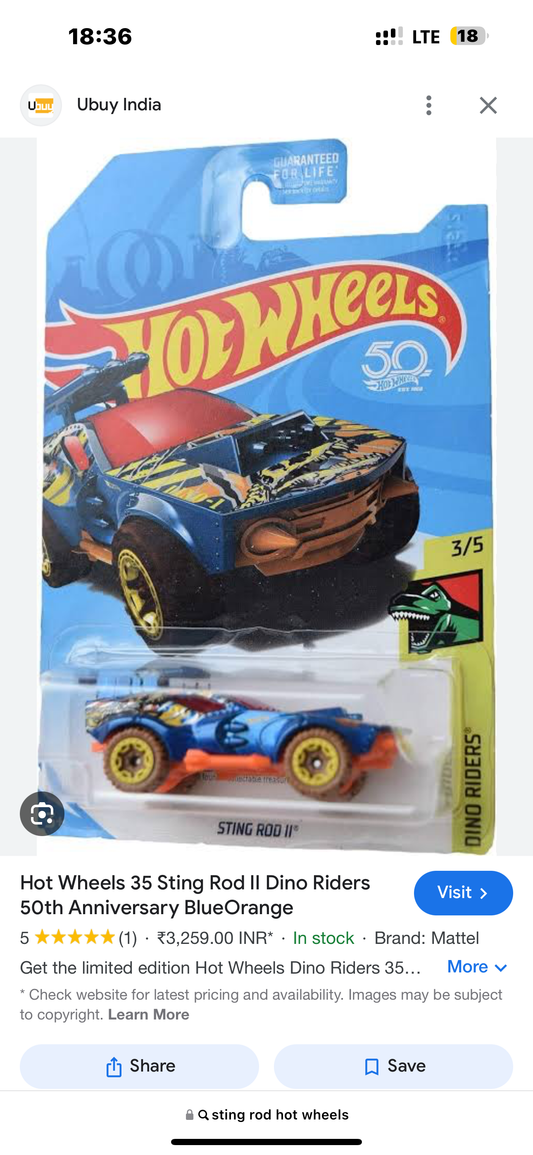 Hot wheels-Imported Hot Wheels 35 Sting Rod II Dino Riders
50th Anniversary BlueOrange - Indian Diecast Hub