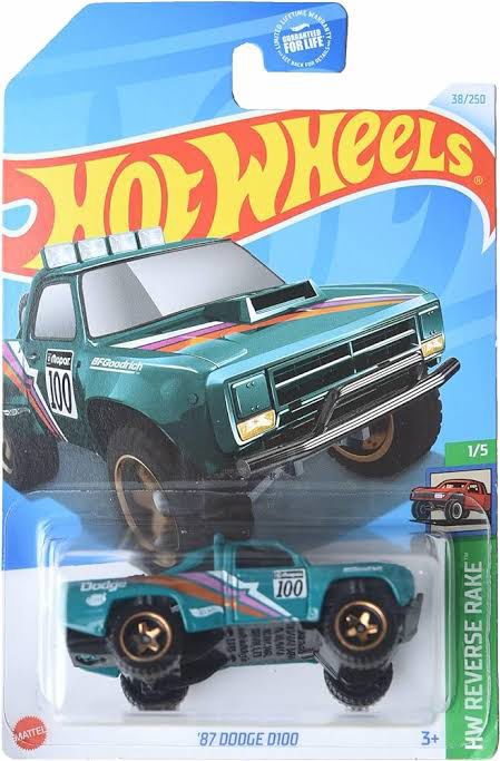 Hot wheels-Mattel Hot Wheels '87 Dodge D100, Reverse Rake 1/5 [Green] 38/250 - Indian Diecast Hub